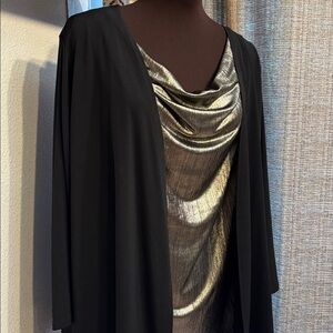 Jaclyn Smith Collection long sleeve black and gold metallic draped blouse Size L